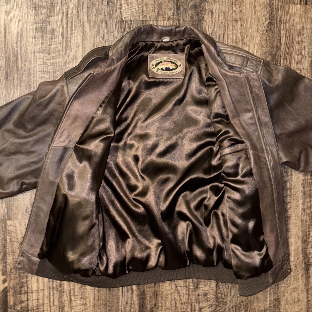 Vintage Orvis Fly Fishing Schools Leather Jacket Mens Large Brown Lined Full Zip - Picture 7 of 15